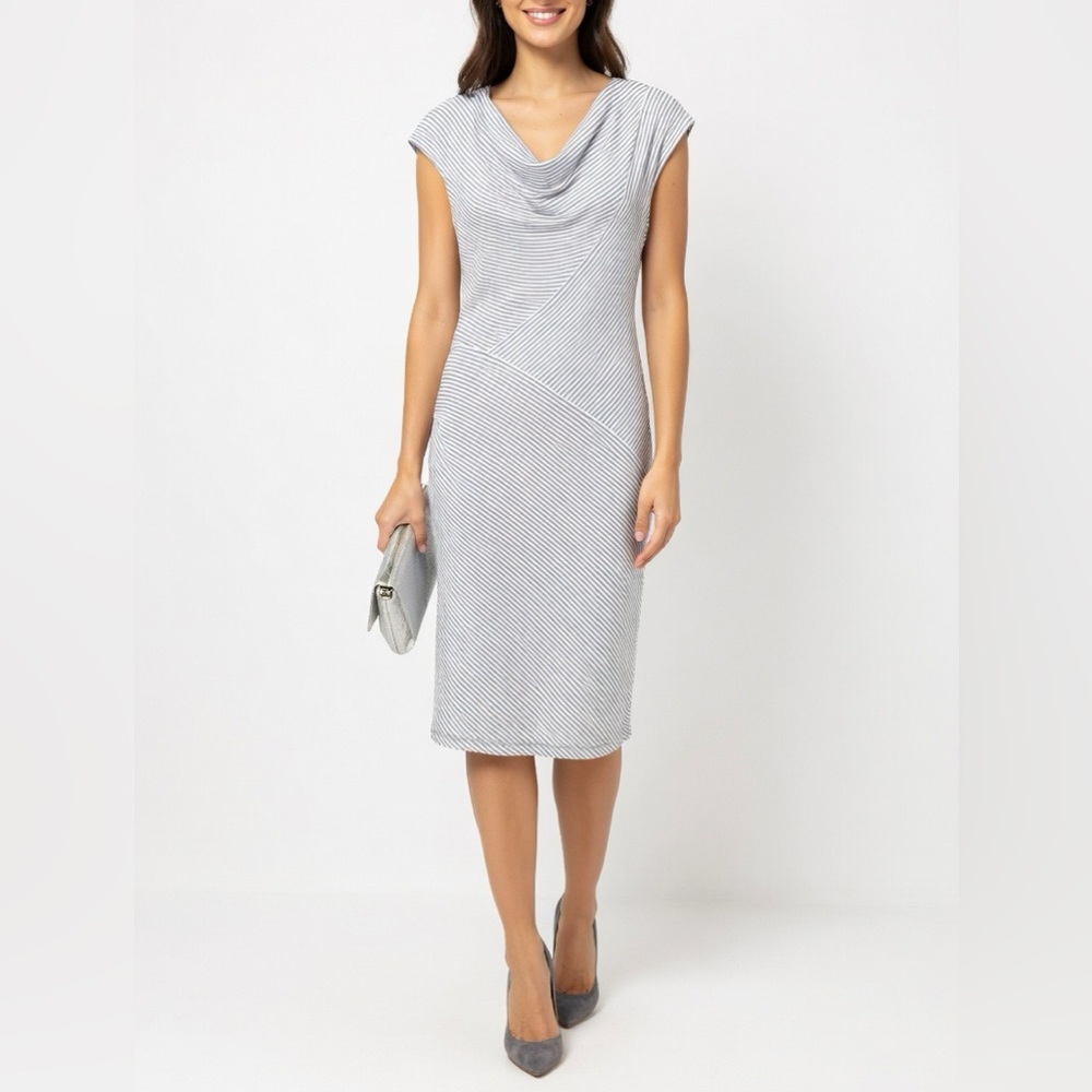 Max Studio Gray White Striped Cowl Neck Midi Sheath Dress NWT M